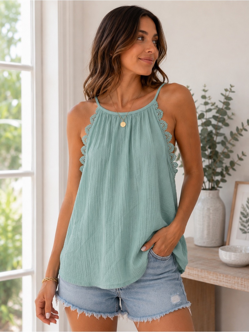 Blu Pepper Mint Lace-Trim Camisole